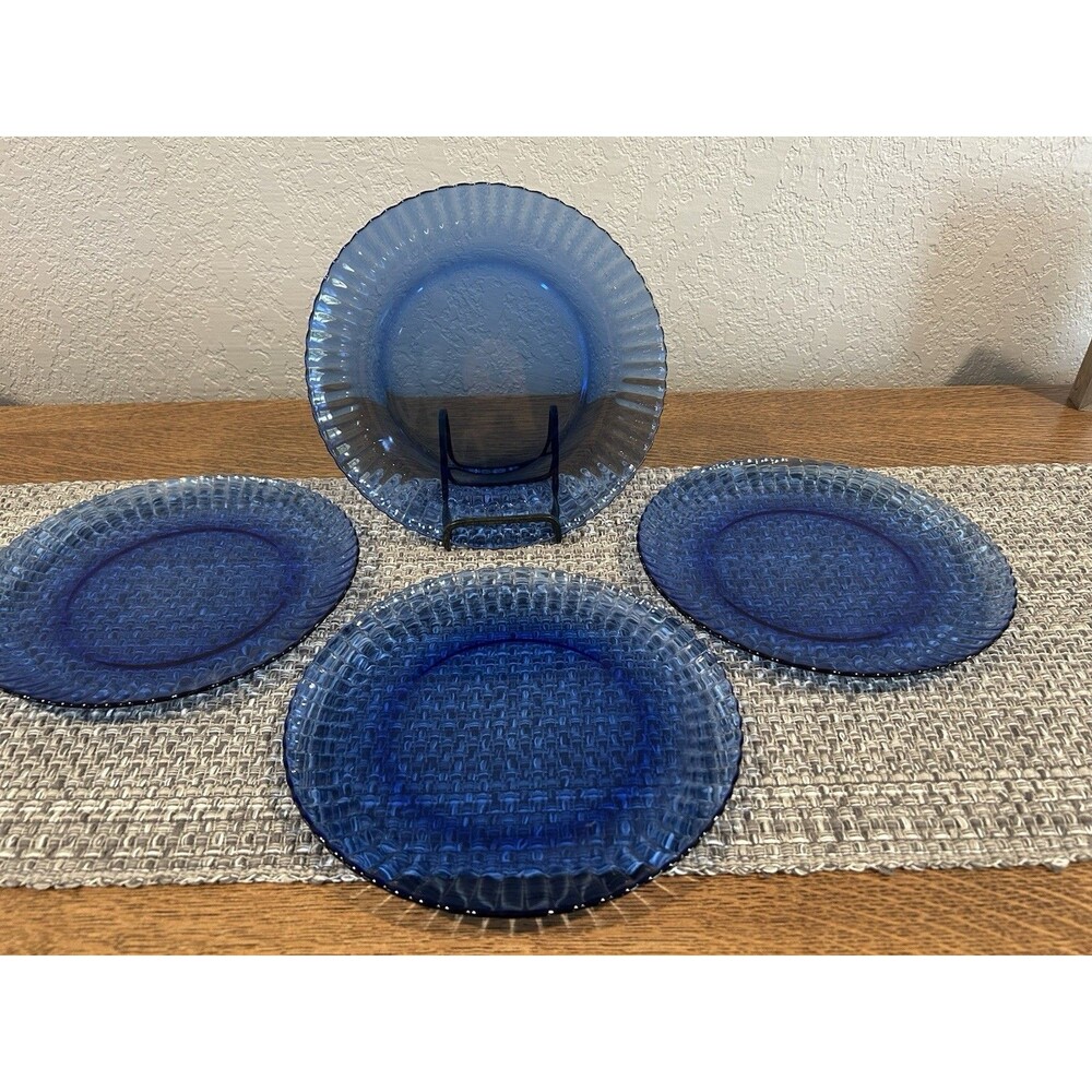 Vintage Ridged Cobalt Blue Glass Plates Set Of 4 Diameter 8.75”